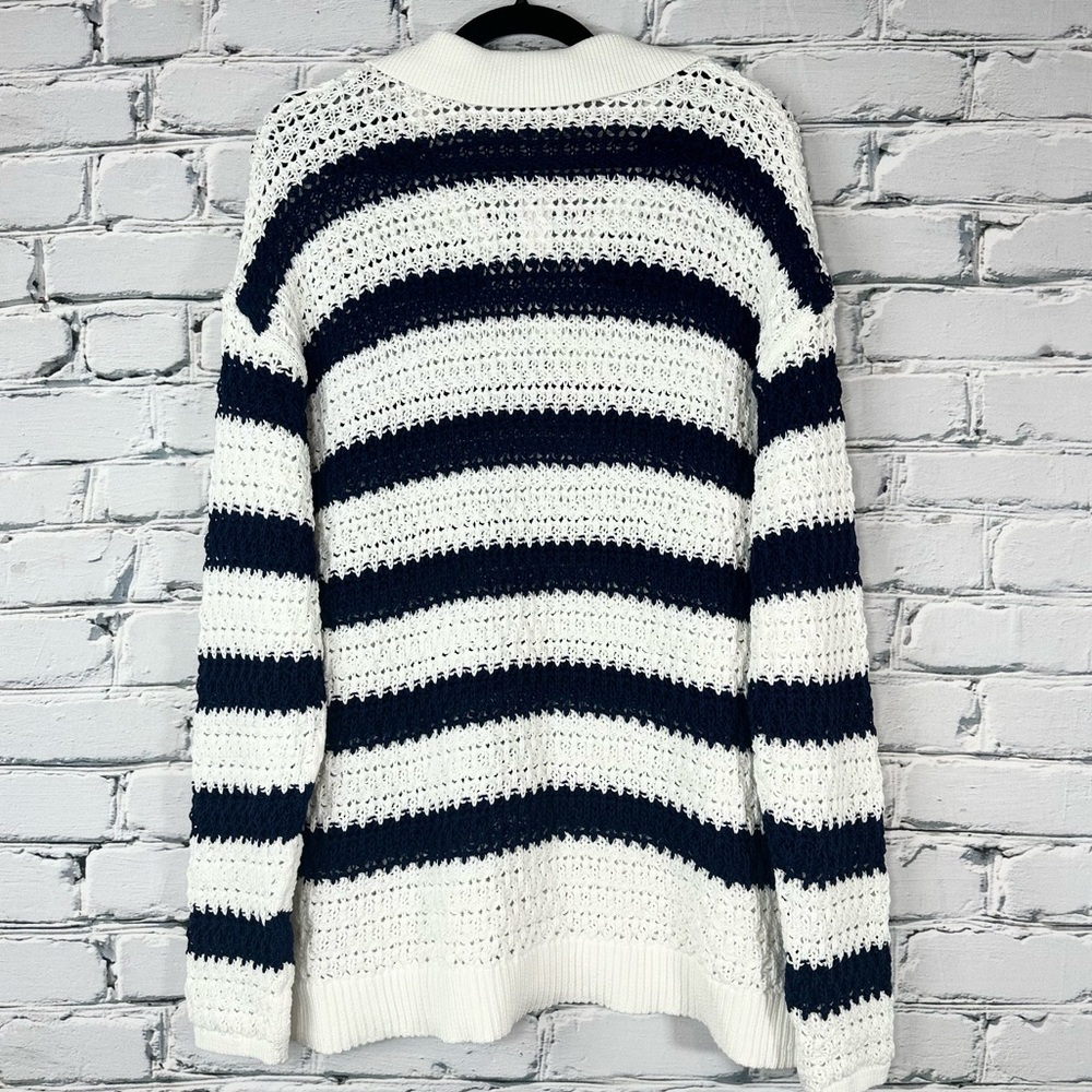 Talbots Open Knit Johnny Collar Pullover Striped Navy White XL Coastal Nautical - Picture 6 of 11